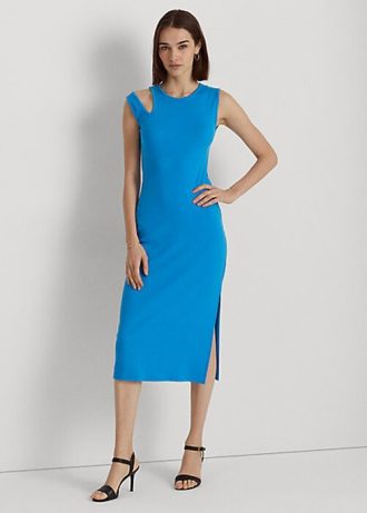 Rochie midi fără mâneci pentru femei Ralph Lauren din amestec de bumbac albastru