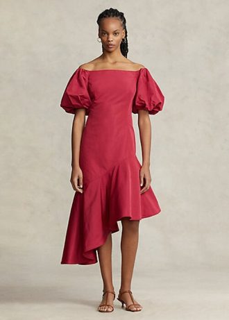 Rochie roșie din tafta asimetrică cu volane Ralph Lauren pentru femei