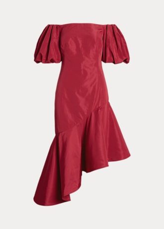 Rochie roșie din tafta asimetrică cu volane Ralph Lauren pentru femei