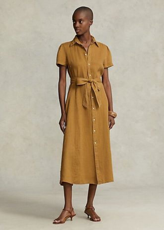 Rochie scurtă de in, maro, Ralph Lauren, cu curea