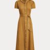 Rochie scurtă de in, maro, Ralph Lauren, cu curea