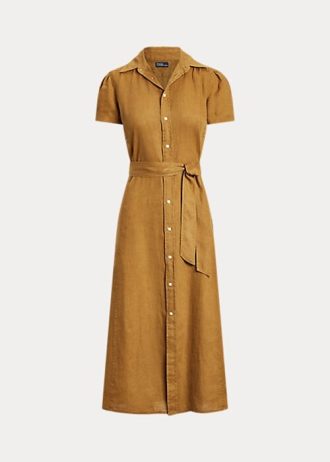 Rochie scurtă de in, maro, Ralph Lauren, cu curea