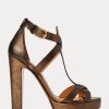 Sandale din piele de vițel metalizată Ralph Lauren Dakota pentru femei Copper Sandale din piele de vițel metalizată Ralph Lauren Dakota pentru femei Copper