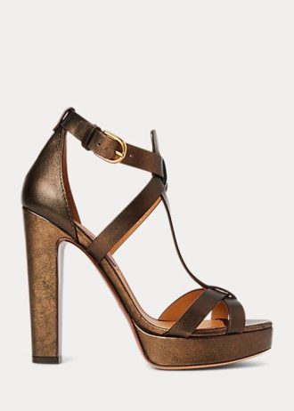Sandale din piele de vițel metalizată Ralph Lauren Dakota pentru femei Copper Sandale din piele de vițel metalizată Ralph Lauren Dakota pentru femei Copper