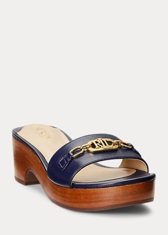 Sandale din piele Nappa Ralph Lauren Roxanne pentru femei bleumarin
