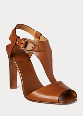 Sandale maro Ralph Lauren Emilie Welington din piele de vițel