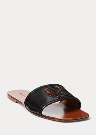 Sandale negre Ralph Lauren Andela din piele de vițel lustruită