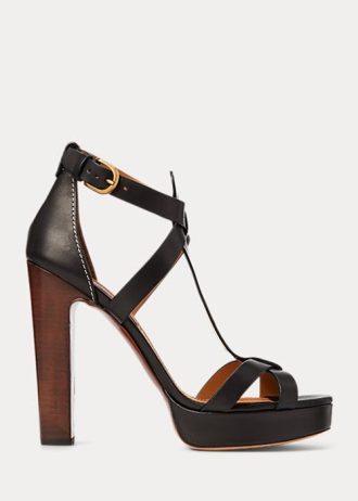 Sandale negre Ralph Lauren Dakota Dakota din piele de vițel lustruită