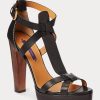 Sandale negre Ralph Lauren Dakota Dakota din piele de vițel lustruită