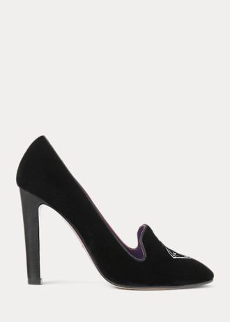 Tocuri din catifea brodate Marion Ralph Lauren pentru femei negre Tocuri din catifea brodate Marion Ralph Lauren pentru femei negre