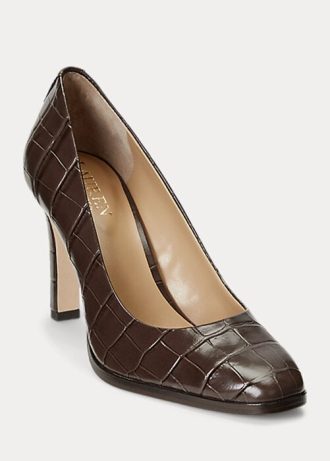 Tocuri Ralph Lauren Camila din piele cu relief pentru damă, ciocolată