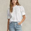 Topuri albe din bumbac cu broderie cu ochi Ralph Lauren pentru femei Topuri albe din bumbac cu broderie cu ochi Ralph Lauren pentru femei