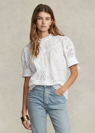 Topuri albe din bumbac cu broderie cu ochi Ralph Lauren pentru femei Topuri albe din bumbac cu broderie cu ochi Ralph Lauren pentru femei
