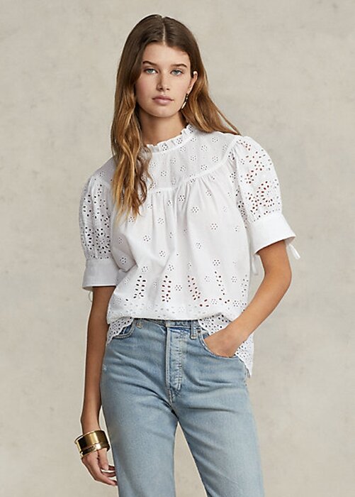 Topuri albe din bumbac cu broderie cu ochi Ralph Lauren pentru femei Topuri albe din bumbac cu broderie cu ochi Ralph Lauren pentru femei