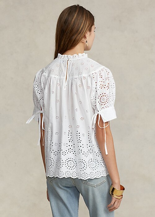 Topuri albe din bumbac cu broderie cu ochi Ralph Lauren pentru femei Topuri albe din bumbac cu broderie cu ochi Ralph Lauren pentru femei