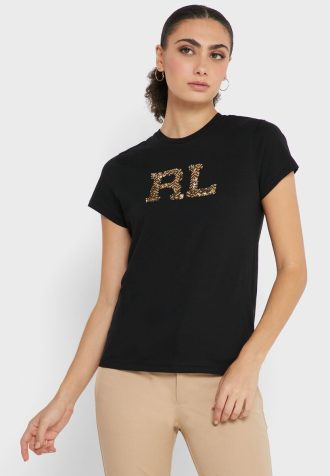 Topuri cu grafică cu gât rotund pentru femei Ralph Lauren negre