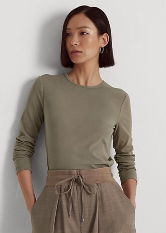 Topuri cu mânecă lungă din amestec de bumbac Ralph Lauren pentru femei Olive Topuri cu mânecă lungă din amestec de bumbac Ralph Lauren pentru femei Olive