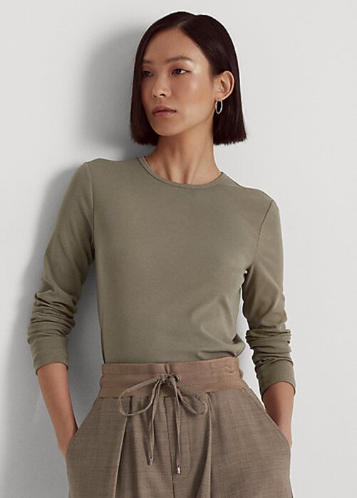 Topuri cu mânecă lungă din amestec de bumbac Ralph Lauren pentru femei Olive Topuri cu mânecă lungă din amestec de bumbac Ralph Lauren pentru femei Olive