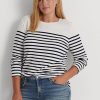 Topuri cu mânecă lungă din bumbac în dungi Ralph Lauren alb / bleumarin