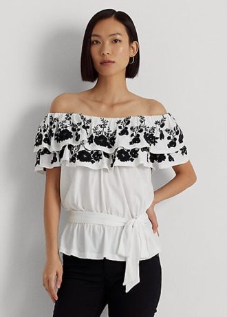 Topuri fără umeri, din jerseu brodat Ralph Lauren, negru/alb