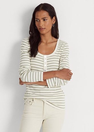 Topuri Henley din bumbac cu dungi Ralph Lauren Crem pentru damă Topuri Henley din bumbac cu dungi Ralph Lauren Crem pentru damă