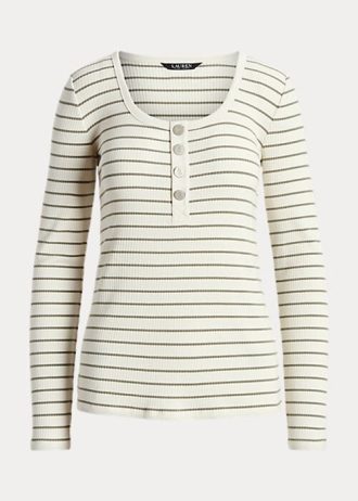 Topuri Henley din bumbac cu dungi Ralph Lauren Crem pentru damă Topuri Henley din bumbac cu dungi Ralph Lauren Crem pentru damă