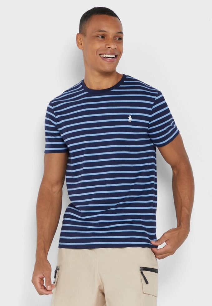 Tricouri albastre pentru bărbați Ralph Lauren cu dungi cu gât crew