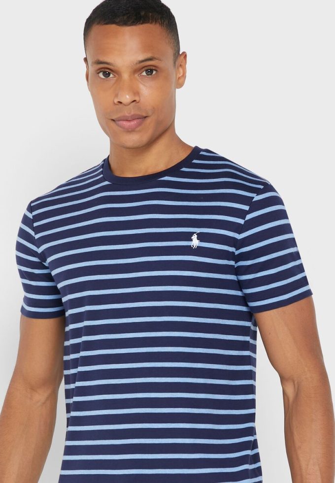 Tricouri albastre pentru bărbați Ralph Lauren cu dungi cu gât crew