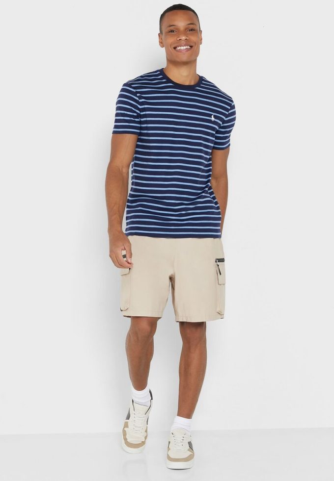 Tricouri albastre pentru bărbați Ralph Lauren cu dungi cu gât crew
