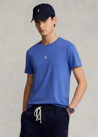 Tricouri albastre pentru bărbați Ralph Lauren, personalizate, slim cu gât crew, pentru bărbați