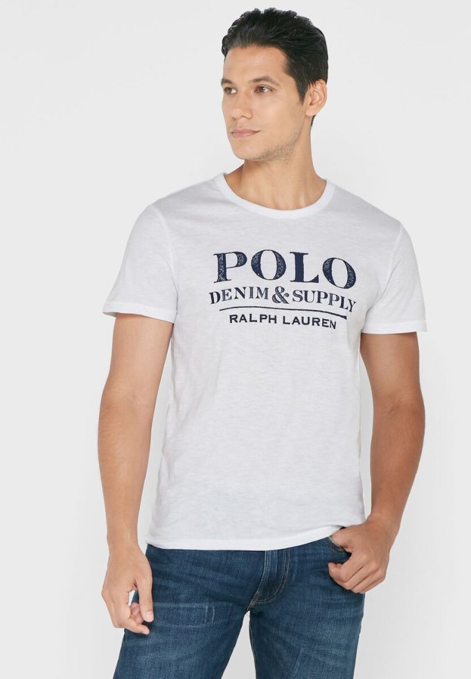 Tricouri albe cu slogan Ralph Lauren pentru bărbați, cu gâtul rotund Tricouri albe cu slogan Ralph Lauren pentru bărbați, cu gâtul rotund