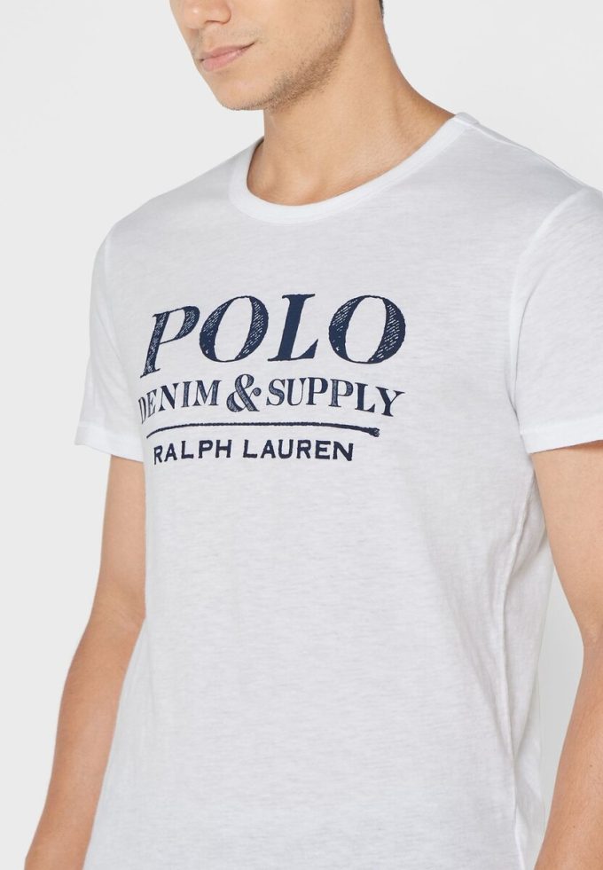Tricouri albe cu slogan Ralph Lauren pentru bărbați, cu gâtul rotund Tricouri albe cu slogan Ralph Lauren pentru bărbați, cu gâtul rotund