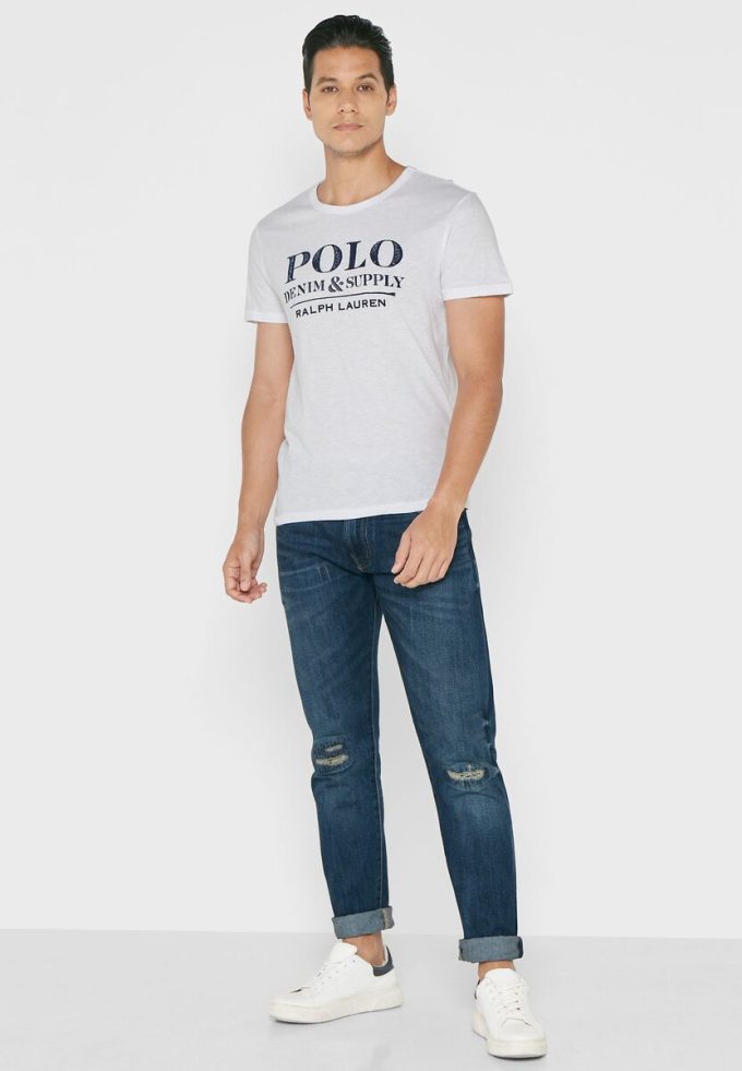 Tricouri albe cu slogan Ralph Lauren pentru bărbați, cu gâtul rotund Tricouri albe cu slogan Ralph Lauren pentru bărbați, cu gâtul rotund