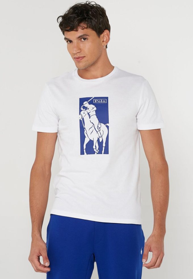 Tricouri albe pentru bărbați cu imprimeu Ralph Lauren cu gât crew