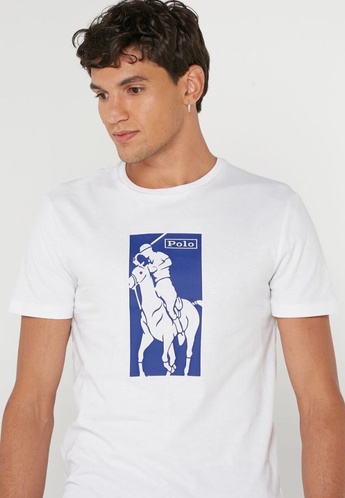 Tricouri albe pentru bărbați cu imprimeu Ralph Lauren cu gât crew