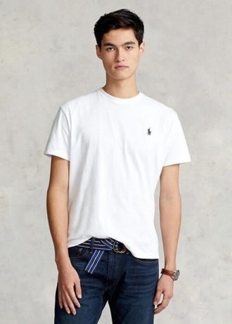 Tricouri albe pentru bărbați Ralph Lauren, din jerseu, cu tăiere clasică, cu gâtul rotund Tricouri albe pentru bărbați Ralph Lauren, din jerseu, cu tăiere clasică, cu gâtul rotund