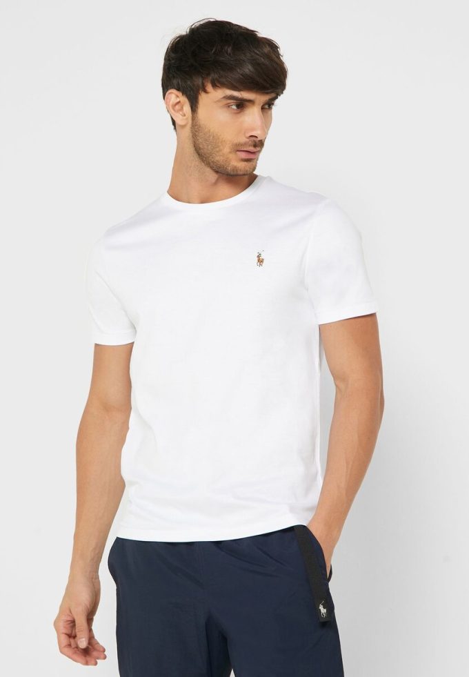 Tricouri albe pentru bărbați Ralph Lauren Essential cu gât crew