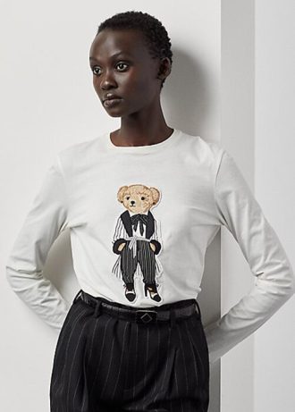 Tricouri albe Ralph Lauren Cinema Polo Bear din bumbac cu mânecă lungă