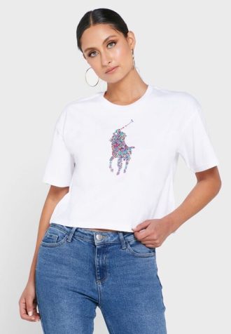 Tricouri albe Ralph Lauren cu decolteu rotund pentru femei Tricouri albe Ralph Lauren cu decolteu rotund pentru femei