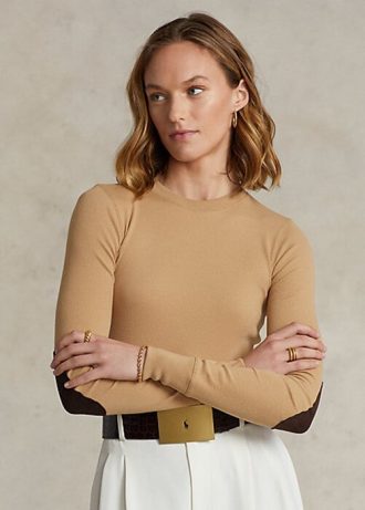 Tricouri bej Ralph Lauren cu mânecă lungă, cu finisaje din piele intoarsa, pentru femei Tricouri bej Ralph Lauren cu mânecă lungă, cu finisaje din piele intoarsa, pentru femei