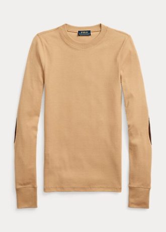 Tricouri bej Ralph Lauren cu mânecă lungă, cu finisaje din piele intoarsa, pentru femei Tricouri bej Ralph Lauren cu mânecă lungă, cu finisaje din piele intoarsa, pentru femei
