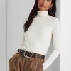 Tricouri crem pentru femei Ralph Lauren din jerseu cu guler roșu