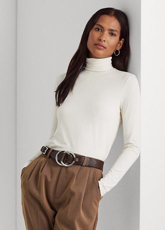 Tricouri crem pentru femei Ralph Lauren din jerseu cu guler roșu Tricouri crem pentru femei Ralph Lauren din jerseu cu guler roșu