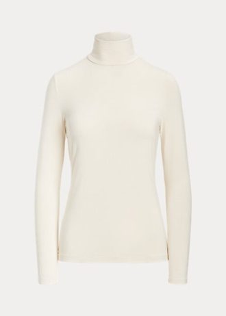 Tricouri crem pentru femei Ralph Lauren din jerseu cu guler roșu Tricouri crem pentru femei Ralph Lauren din jerseu cu guler roșu