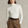 Tricouri crem Ralph Lauren cu guler țesut cu coaste pentru femei