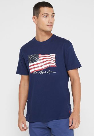 Tricouri cu gât crew cu imprimeu Ralph Lauren pentru bărbați bleumarin Tricouri cu gât crew cu imprimeu Ralph Lauren pentru bărbați bleumarin
