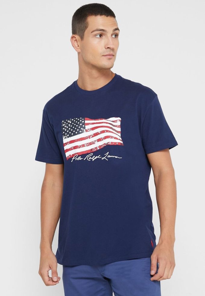 Tricouri cu gât crew cu imprimeu Ralph Lauren pentru bărbați bleumarin
