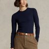 Tricouri cu mânecă lungă, cu finisaje din piele intoarsa, Ralph Lauren, pentru femei, bleumarin Tricouri cu mânecă lungă, cu finisaje din piele intoarsa, Ralph Lauren, pentru femei, bleumarin