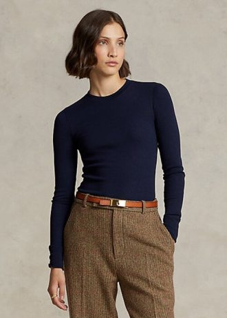 Tricouri cu mânecă lungă, cu finisaje din piele intoarsa, Ralph Lauren, pentru femei, bleumarin Tricouri cu mânecă lungă, cu finisaje din piele intoarsa, Ralph Lauren, pentru femei, bleumarin