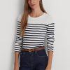 Tricouri cu mânecă lungă din bumbac în dungi Ralph Lauren alb/marin